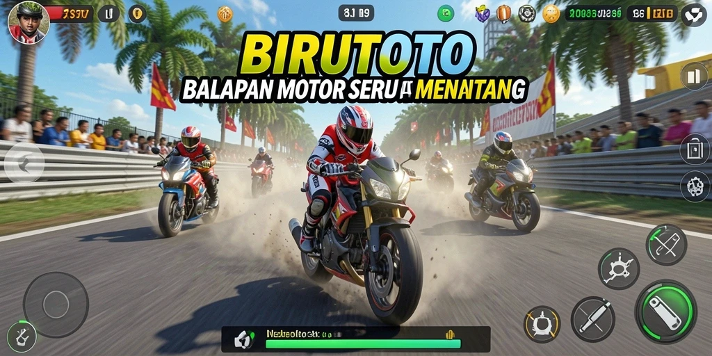 Gameplay mendebarkan BIRUTOTO dengan balapan motor yang seru.