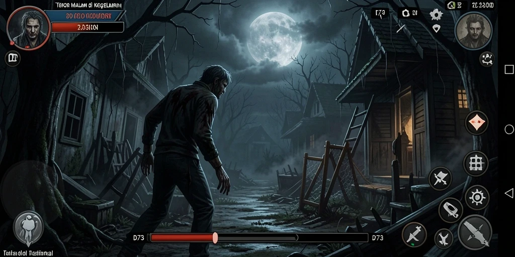 Gameplay D73 yang menegangkan, menjelajahi suasana horor.