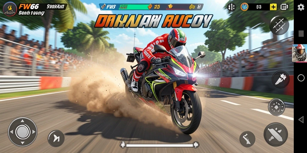 Screenshot utama FW66 menampilkan aksi balapan motor yang seru.
