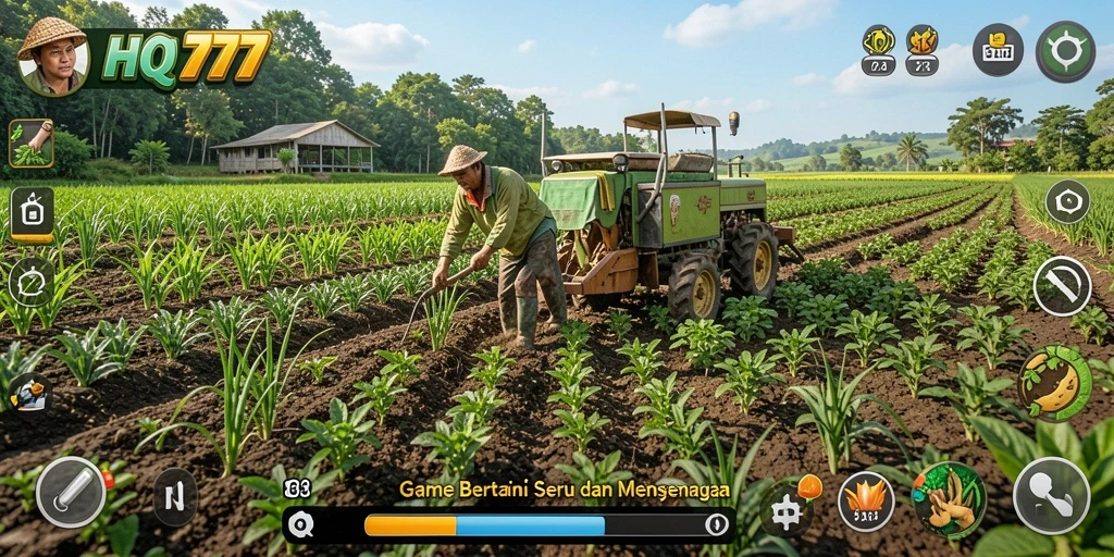 Tampilan gameplay HQ777 yang menggambarkan keseruan bertani.