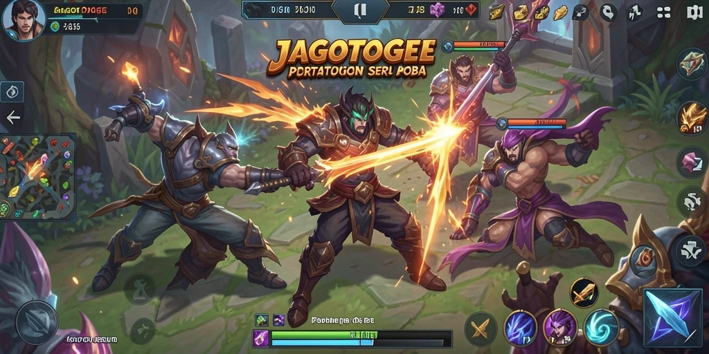 Screenshot menunjukkan gameplay MOBA yang menegangkan dan penuh strategi.