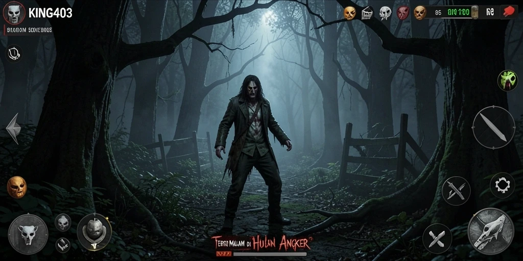 Screenshot utama KING403 menampilkan saat menegangkan saat menjelajahi hutan angker.