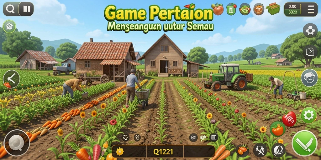 Tangkapan layar gameplay QQ1221 menampilkan kebun yang subur dan beragam tanaman.
