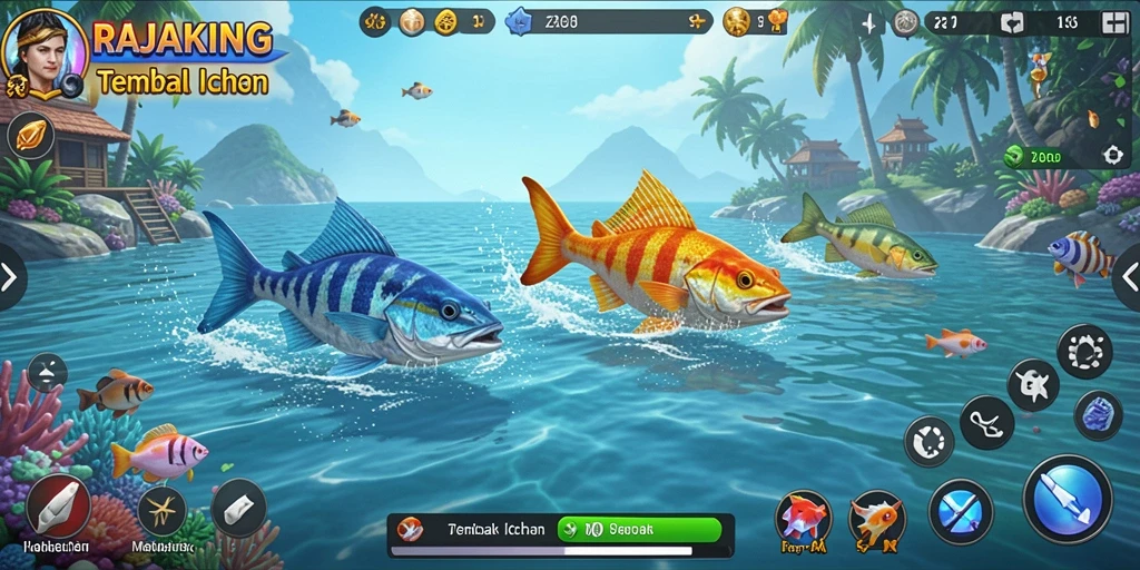 Tampilan gameplay RAJAKING saat menangkap ikan di bawah laut.