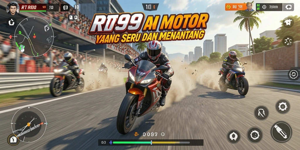 Screenshot utama RT99 menampilkan aksi balapan motor yang seru.