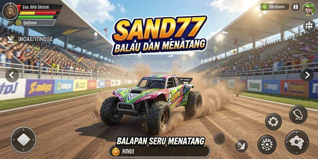 Screenshot utama SAND77 menampilkan aksi balapan penuh semangat.