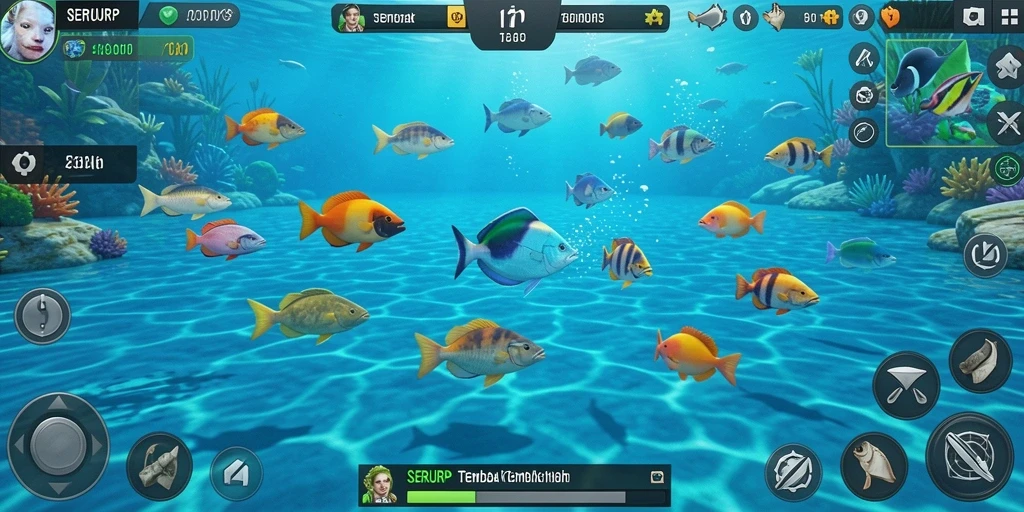 Screenshot gameplay SERURP yang menampilkan momen seru menembak ikan.